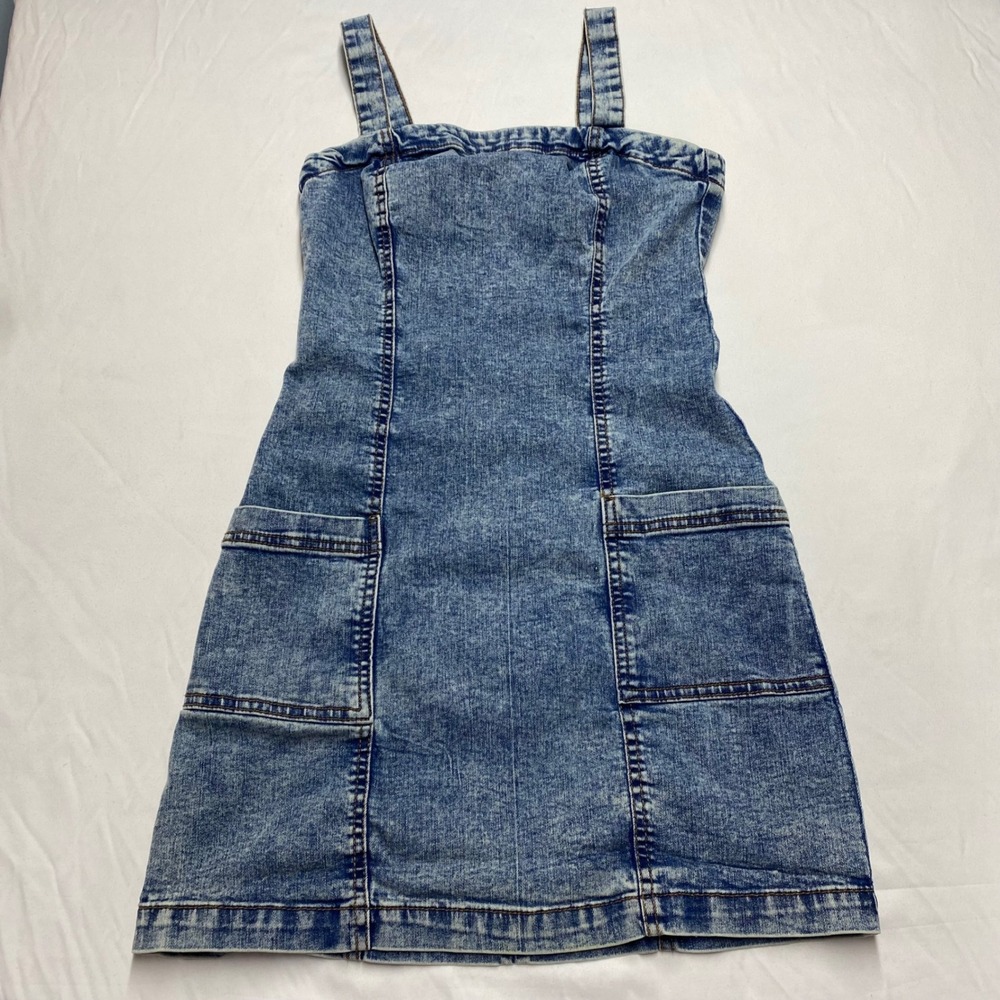 Aeropostale Womens Acid Wash Denim Pinafore Mini Dress Blue Small